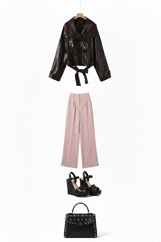 🍒faux leather women coat with lapel long Y2K solid belt and pocket long sleeve pu trench fall winter outwear female Faux Fans Fast Forward