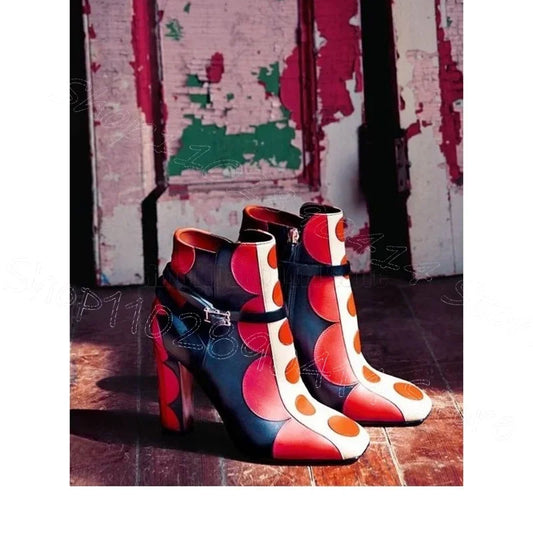 🍒Mixed colour short boots genuine leather wave point print buckle ankle high heel booties with side zipper women polka dot shoes chunky heels with square toe party occassion footwear Digit These Dots In your Cool shop