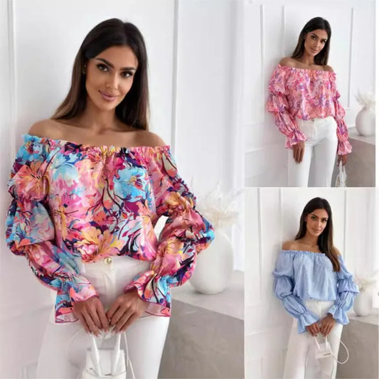 🍒Floral print off-shoulder blouse womens shirred puff sleeve top floral feminine casual ruffles shirt Tops Flower Up In A Puff