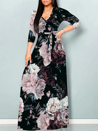 🍒Womens plus size maxi dresses boho print 3/4 sleeves outfit for smart casual beachwear party clothes swing style with belt Girl Power Flower