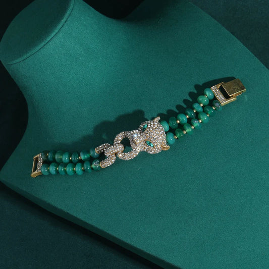 🍒Vintage rhinestones leopard head bangle natural stone real raw green bead bracelet Colour accessories luxury designer style jewellery Get The Green Eye