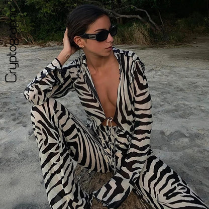 🍒Zebra  print mesh top sheer stripeed shirt outfit for women set tie front detail top and matching pants fashion two piece sets holiday beachwear Do Hot Girl Hot Jungle in Cool Clothes