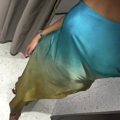 🍒Gradient dress women one shoulder dress maxi backless gown with design straps occasion party wear sleeveless outfit high waist evening wear Get Sunset Ready