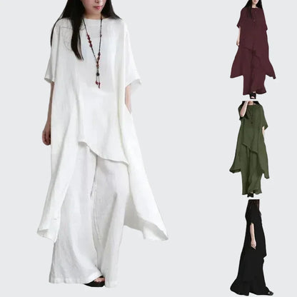 🍒Two-piece set for women shirts and pants outfit holiday cotton linen style wide leg trousers and asymetric top short sleeve blouse suit summer clothing  Layback Loose Linen-y Lovely