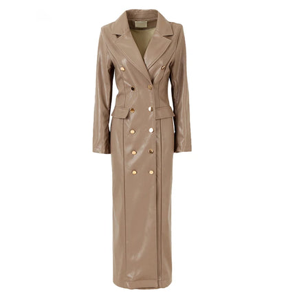 🍒Extra long faux leather trench coat for women double breasted luxury elegant long smart casual pu outerwear Keep aBREAST of DOUBLE take clothing