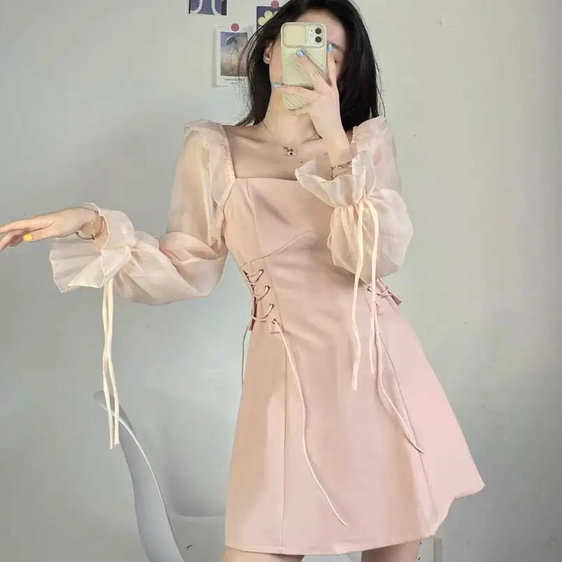 🍒Pink dresses women spring summer sweet heart neckline outfit a-line mini dress with puff sleeves lace up draw string sides waist feminine fashion A- Pretty Pink