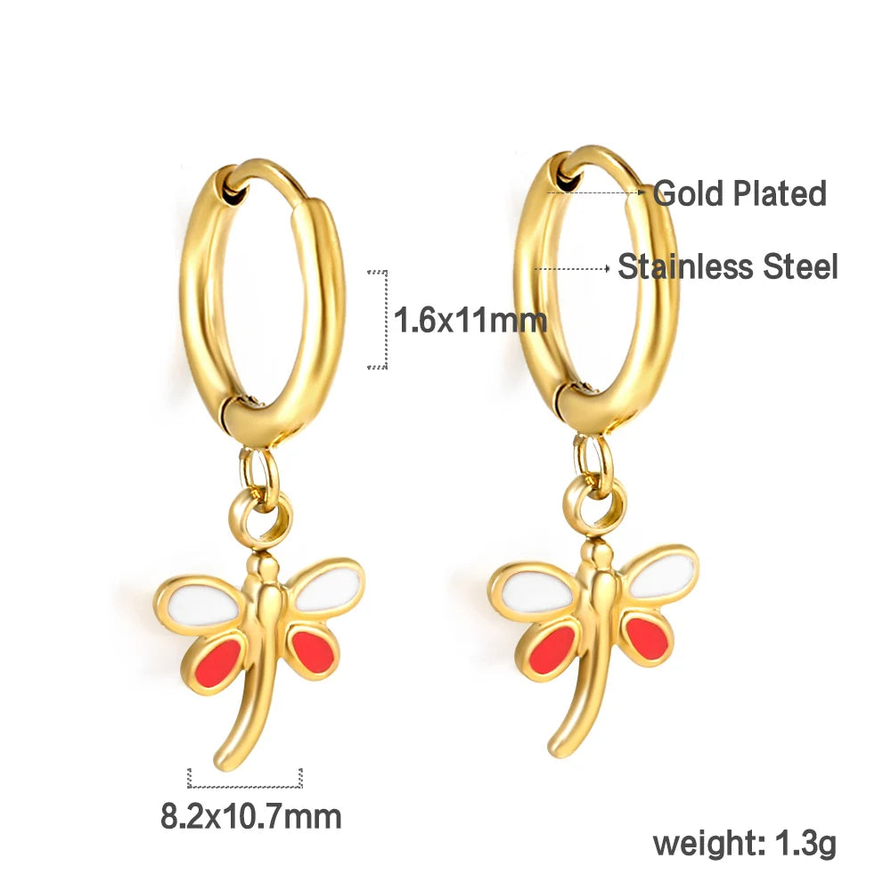 🍒Trendy jewellery stainless steel jewlry oil drip 18K gold plated hoop earrings butterfly shell bee heart earrings smart casual accessories
