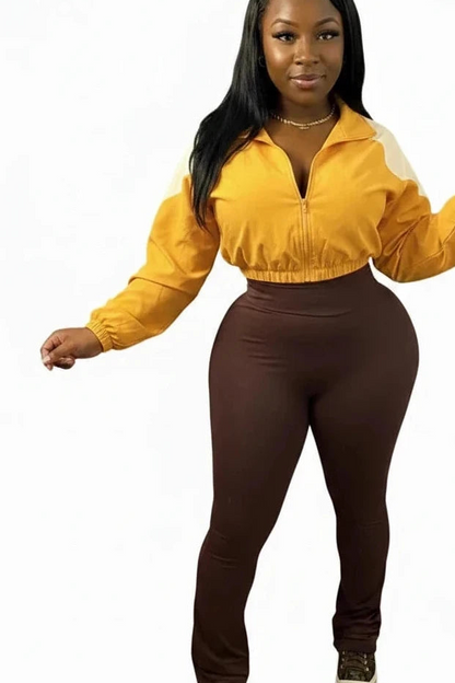 🍒Colour block 2 piece set outfit casual zipper tops women drawstring crop top plus high waist flare pants suit summer autumn fashion activewear outfits Lounge Lovely Kick Cumfy Or Fit Colour Into Your Keep Fit