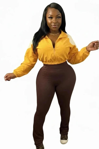 🍒Colour block 2 piece set outfit casual zipper tops women drawstring crop top plus high waist flare pants suit summer autumn fashion activewear outfits Lounge Lovely Kick Cumfy Or Fit Colour Into Your Keep Fit