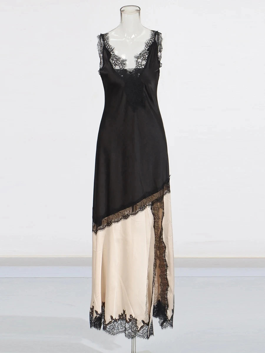 🍒Colour block lace dress sheer lace clothing for women long outfit v-neck sleeveless High wasit slim split dresses Female occasion wear party wear You wont be UNDER impressed with this FASHION  WEAR