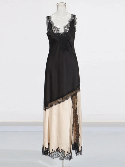 🍒Colour block lace dress sheer lace clothing for women long outfit v-neck sleeveless High wasit slim split dresses Female occasion wear party wear You wont be UNDER impressed with this FASHION  WEAR