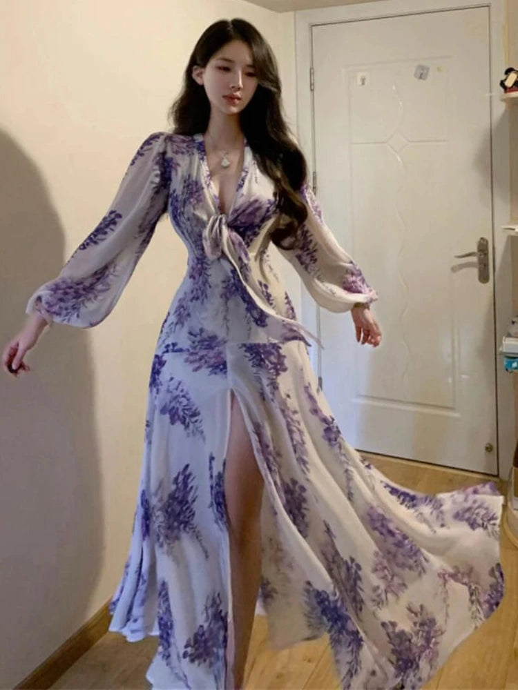 🍒Floral print sweet dresses Y2k aesthetic v-neck bodycon with puff sleeves a-line dress with front slit purple