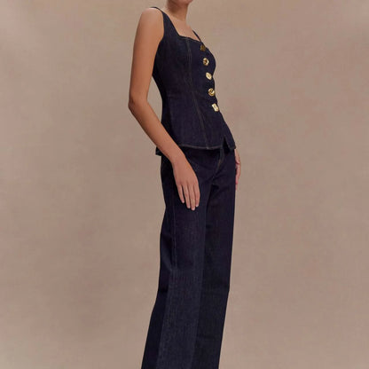 🍒Two piece sets for women piece Sets mom Jeans sleeveless denim tops and jean set long pants high waist Y2k style fashion elegant work clothing all match Get This Single Breast Double Denim And You Will Be Triple Excited