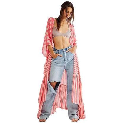 🍒Beach cover ups for swimwear women checker kimono with sripes cape summer dress beachwear outfits Check Out This Beach