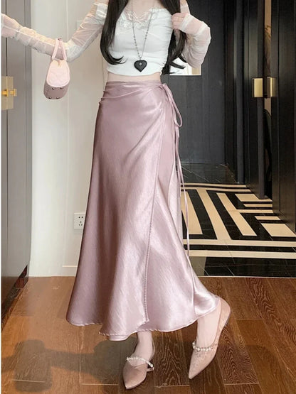 🍒Elegant high waist skirts for women fashion black grey satin skirt classic smart casual women  long skirt summer wear slinky silky skirty style