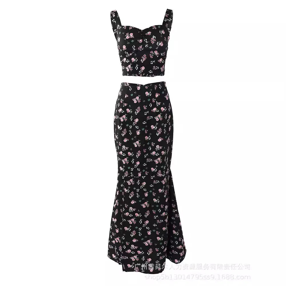 🍒Skirt set for women two Piece outfit floral print sleeveless top and a-line slim fish tail maxi skirt set long Skirts All Floral Floral For All