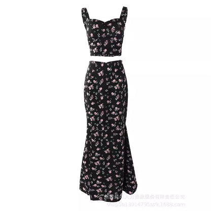 🍒Skirt set for women two Piece outfit floral print sleeveless top and a-line slim fish tail maxi skirt set long Skirts All Floral Floral For All