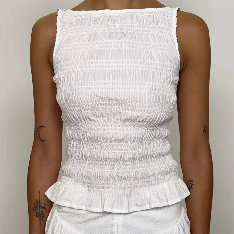 🍒Women Y2K smocked shirred tank top sleeveless crew neck frill ruffle crop top ruched pelpum going out tops party clubwear