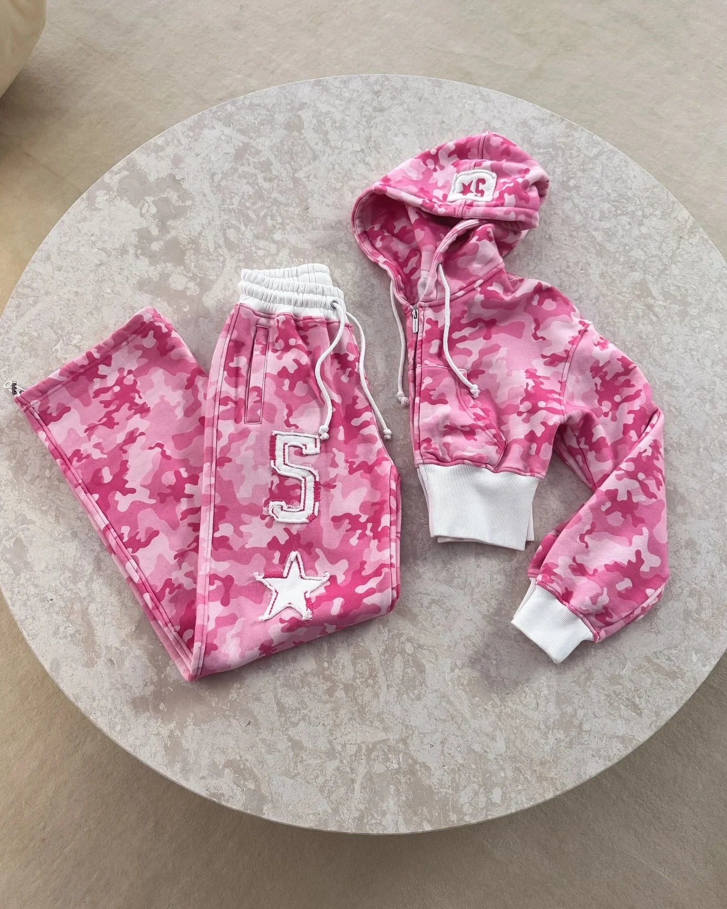 🍒Pink two piece sportswear camo short hoodie for women y2k fashion wear camo top plus matching camo sports pants set Fight For Your Pink Camo