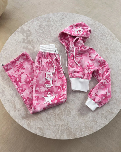 🍒Pink two piece sportswear camo short hoodie for women y2k fashion wear camo top plus matching camo sports pants set Fight For Your Pink Camo