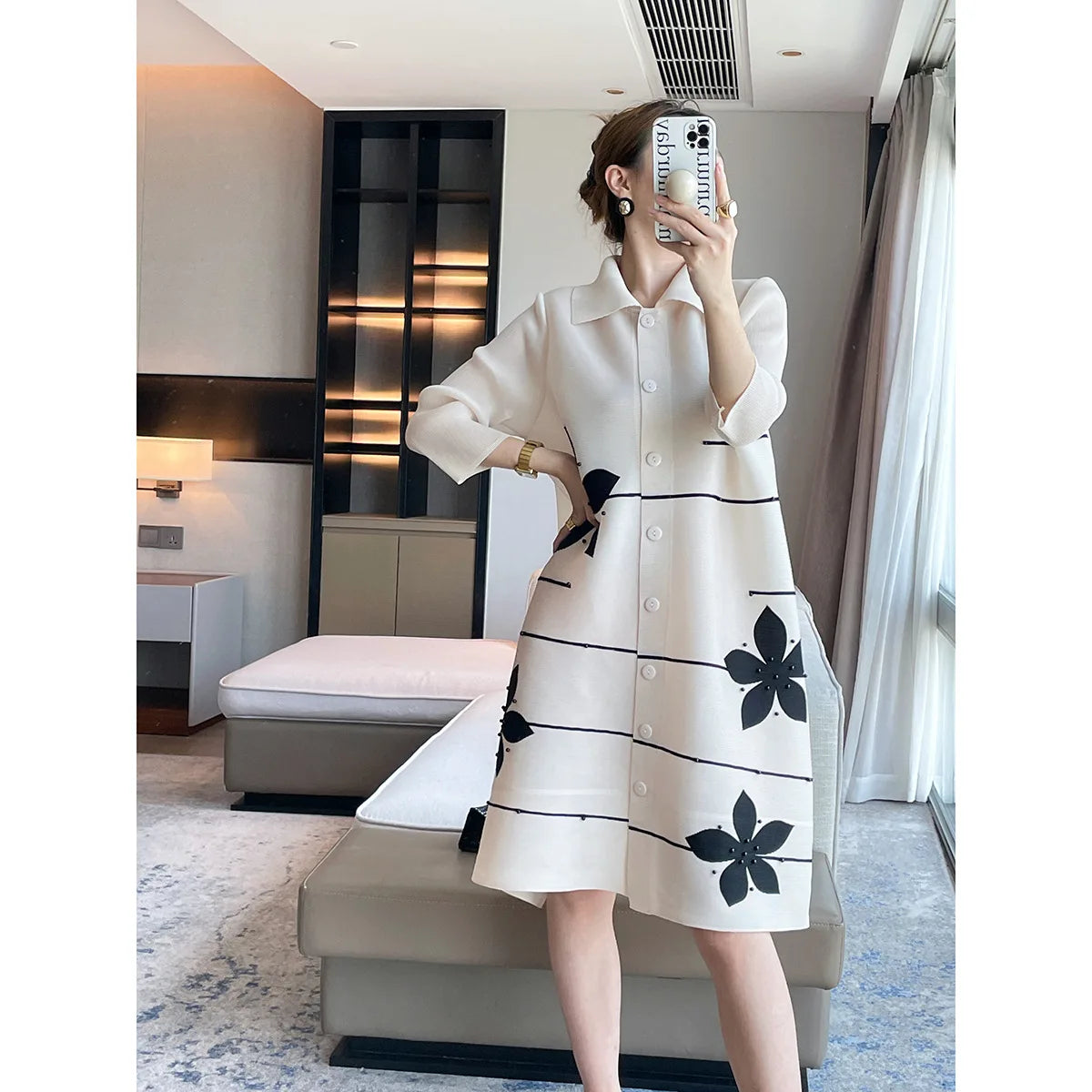 🍒Lapel dress colour blocking outfit beaded design coat dress for women elegant loose large size outfit spring autumn fashion women's over knee outfit