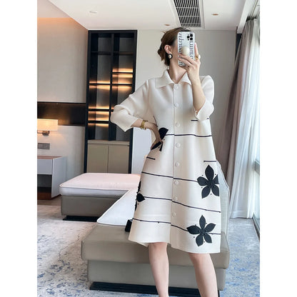 🍒Lapel dress colour blocking outfit beaded design coat dress for women elegant loose large size outfit spring autumn fashion women's over knee outfit