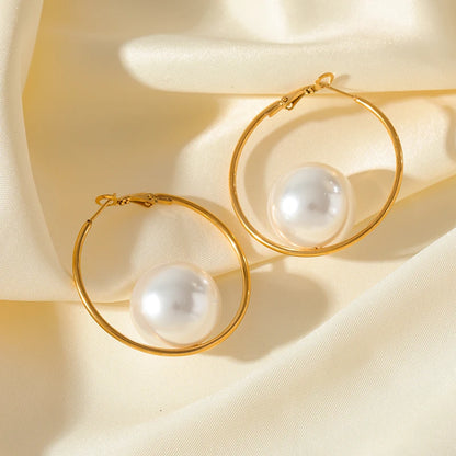 🍒Stainless steel large hoop earrings with pearl for women fashion exaggerated holiday Jewellery occasion earrings gift Bijoux Girly Pearl