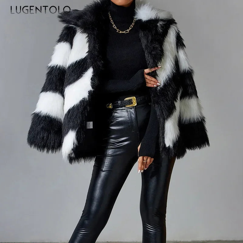 🍒Fluffy faux fur jacket autumn winter lapel coat female smart causal outerwear striped  for women ocassion party overcoat Get On The A-List vibe With A Z-(eberdy)List