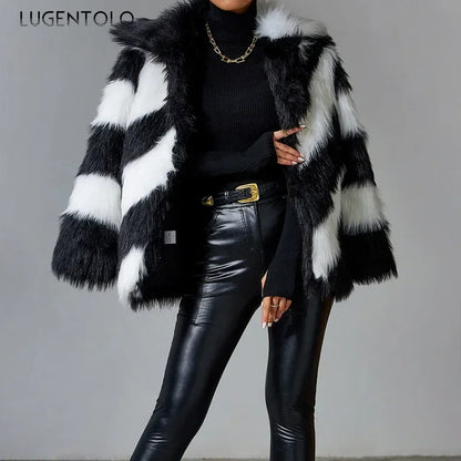 🍒Fluffy faux fur jacket autumn winter lapel coat female smart causal outerwear striped  for women ocassion party overcoat Get On The A-List vibe With A Z-(eberdy)List
