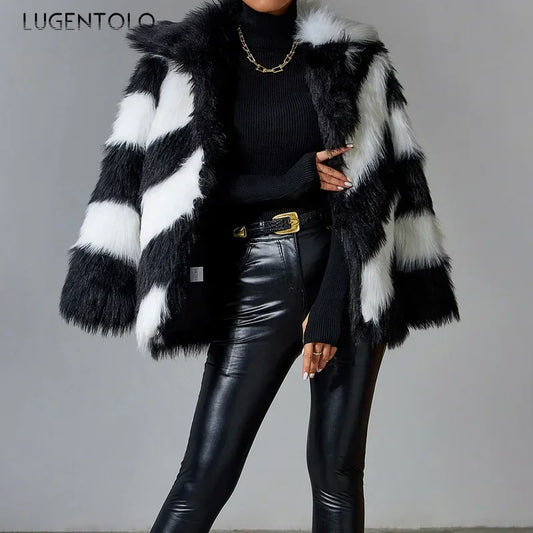 🍒Fluffy faux fur jacket autumn winter lapel coat female smart causal outerwear striped  for women ocassion party overcoat Get On The A-List vibe With A Z-(eberdy)List