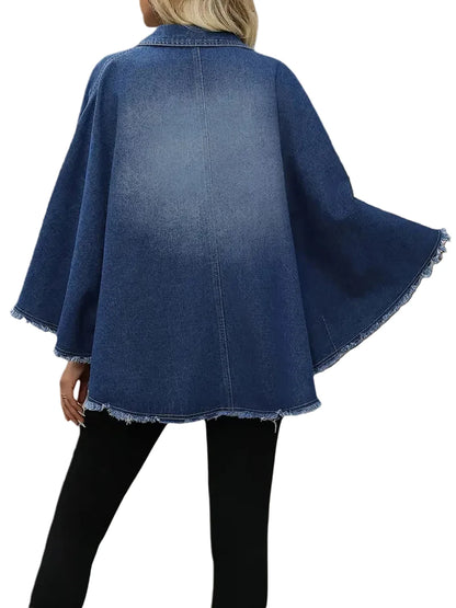 🍒Denim jacket women y2k pocket coat zipper poncho with turn down collar batwing sleeves  outerwear loose casual BAT For The DENIM team And WINg