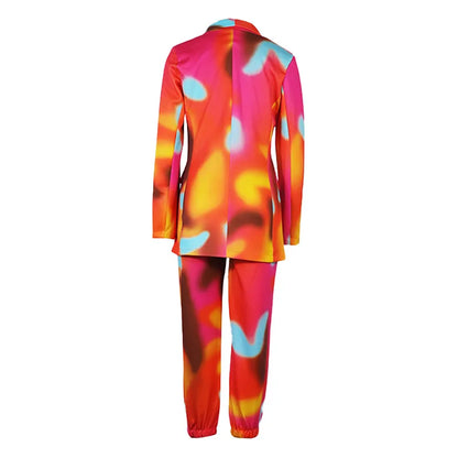 🍒Womens tie dye suit multicolour printed long sleeve jacket and tapered trouser set lapel blazer two piece office wear smart casual clothing