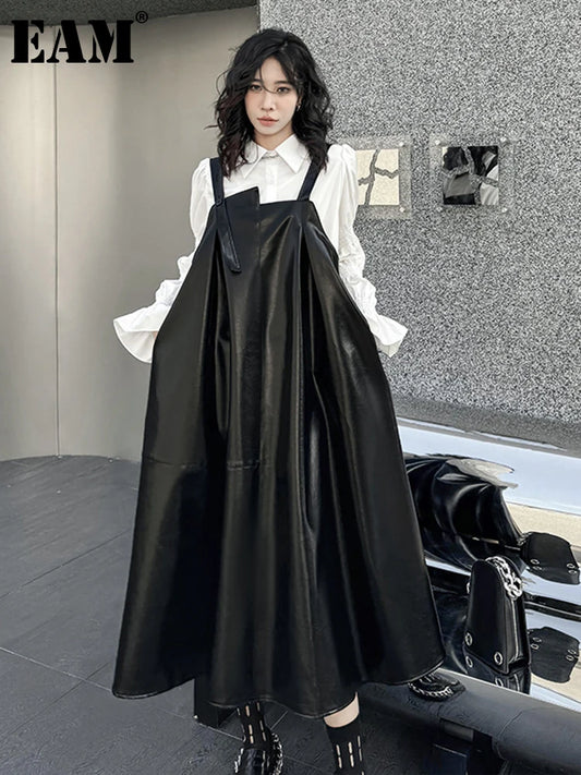 🍒Black faux leather dress big swing size midi spaghetti strap square neck outfit pu shiny with seeveless occasion party wear clothing smart casual women Black Swirly Pearl