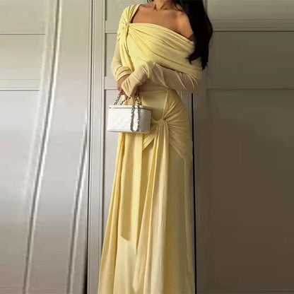 🍒Solid pleated off shoulder maxi dress elegant summer clothes women long sleeve party dress chic occasion wear Get Sun Drenched