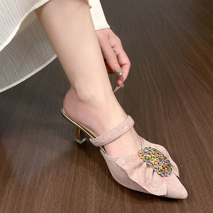 🍒Womens crystal sandals closed toe summer shoes pointed toe mules with bow kitten heel pumps smart casual footwear dress slippers for occasion wear Dont Be Disapointed Get your Point