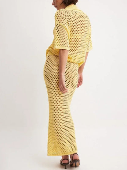 🍒Mesh two piece set women's summer clothing casual mesh knit blouse and matching long skirt   fashionable fishnet beach wear matching sets Look Delicious in Banana And Chocolate
