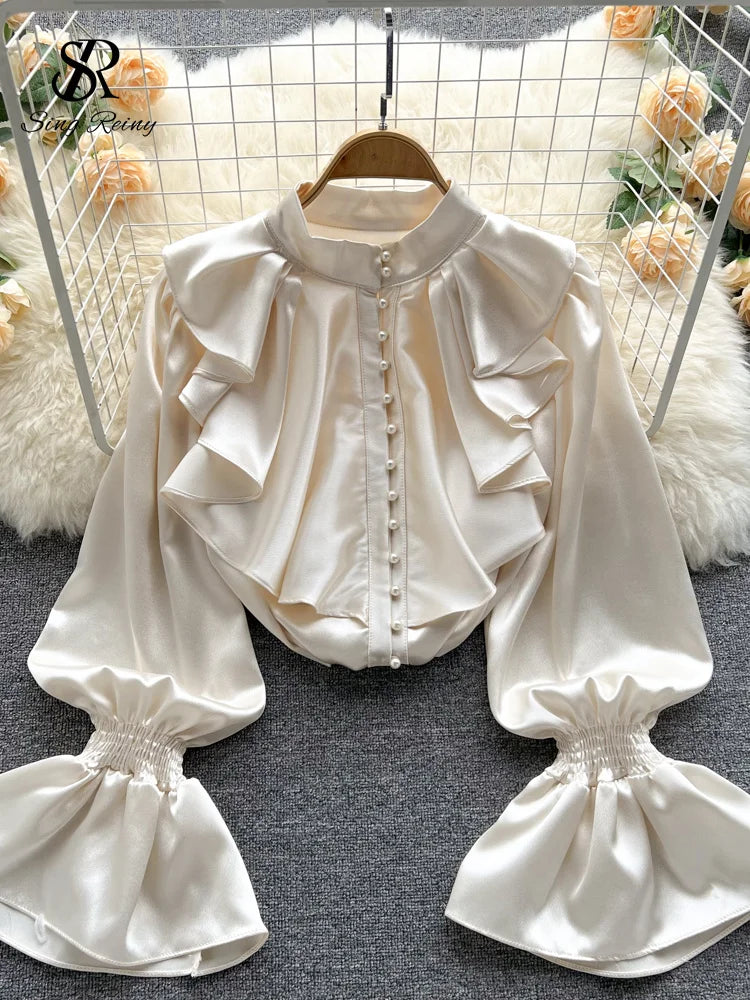 🍒High quality satin blouse loose puff sleeve shirt with flared sleeves ruffle shirt for party wear with beading top women’s feminine office wear Girly Pearl