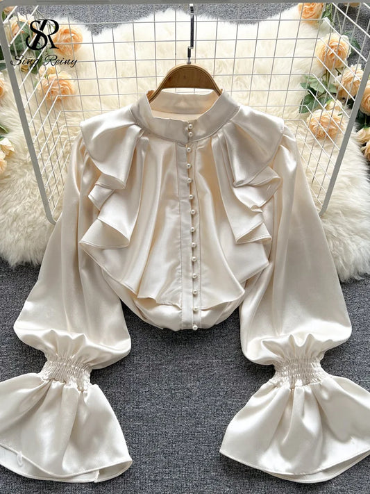 🍒High quality satin blouse loose puff sleeve shirt with flared sleeves ruffle shirt for party wear with beading top women’s feminine office wear Girly Pearl