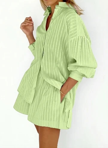 🍒Women's fashion two piece Set outfit striped puff sleeve shirt and shorts matching set casual clothes Feel Cool In This Airy Pair