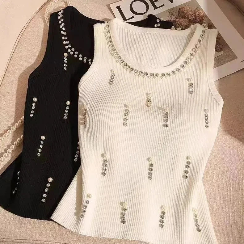 🍒Womens vest top design heavy beads diamonds Ice silk knitted camisole top undershirt vest for Summer casual clothes Put Some Sole in Your Cami's