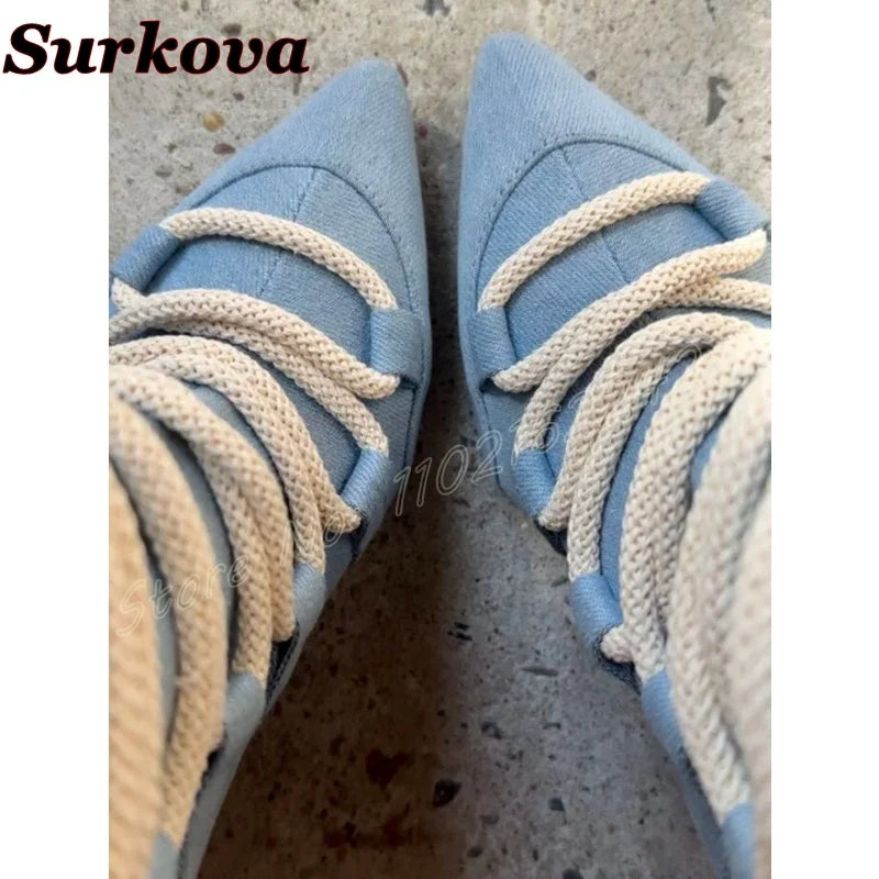 🍒Women's blue denim short boots ankle pointed toe lace-up woven wedge booties fashion party footwear smart casual heels shoes large size 46 Daytime/Do Dishy Denims