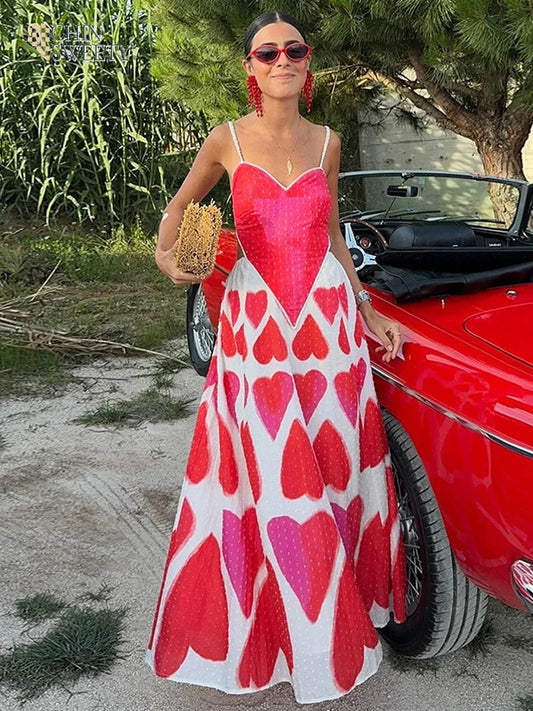 🍒Beach party maxi dress summer  fun fashion love print dress for women camisole dress backless sleeveless holiday dress smart casual wear women Sugar Up Your Fashion With A sweet Heart