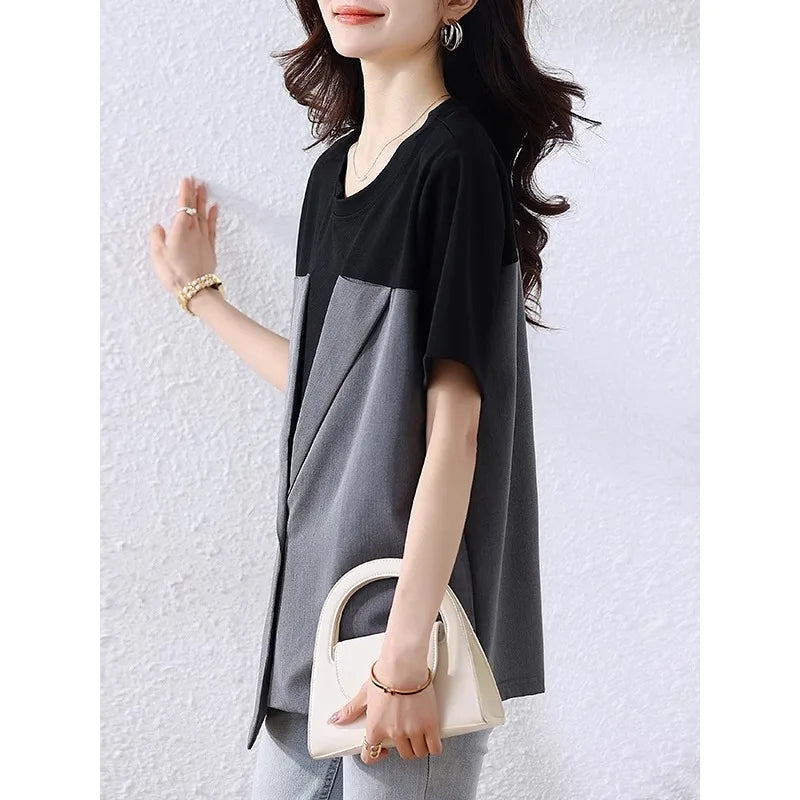 🍒Fake two-piece t-shirt short-sleeved tee womens oversized summer t-shirt high-end design blazer tops Jacket A T-Shirt Jacket