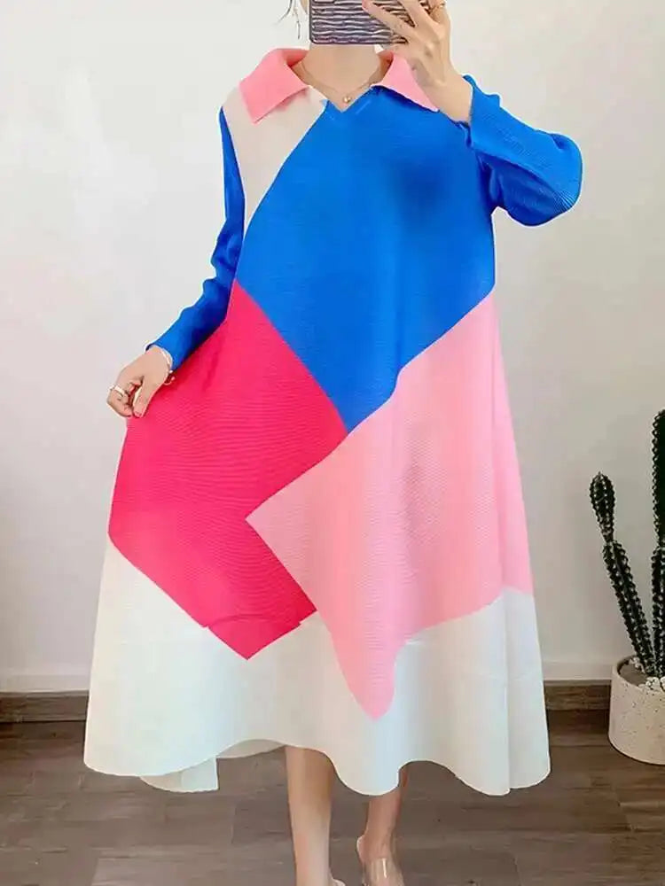 🍒Pleated dress long sleeves colour block outfit midi womens summer loose fashion autumn Clothes smart casual wear Diamond Dress