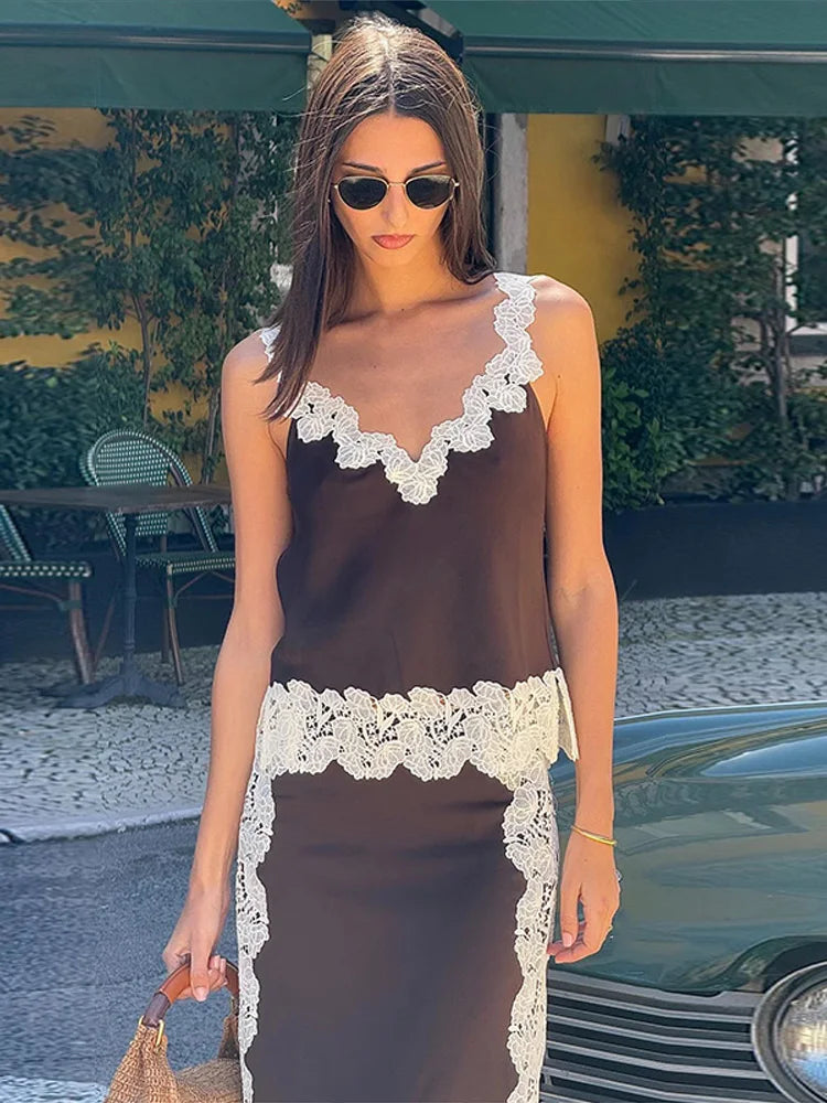 🍒 Lace camisole top and maxi skirt set women patchwork sleeveless backless tops and long loose skirts sets female summer fashion occasion party wear clothing smart casual women Lady Lace