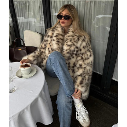 🍒Faux fur coat smart casual outerwear women lapel Collar leopard print jacket with long sleeves Y2k thick warm autumn winter fashion Get SPOTTED In A Showy Snowy