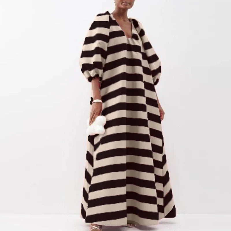 🍒 Striped party dress loose fit maxi swing casual high waist outfit pleated elegant v-neck puff sleeve long dress  Puff Up Your Chess In A Stripy Dress