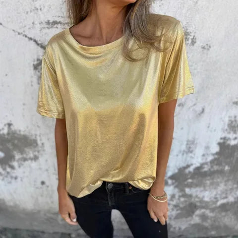 🍒Metalic loose top shiny short sleeve tee womens special occasion tops gold t-shirt o-neck fashion smart casual ladies clothes  Top 'Talic Tee