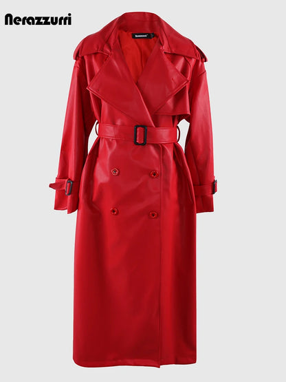 🍒 Long oversized black trench coat faux leather outerwear for women double breasted overcoat belt loose smart casual outdoor wear