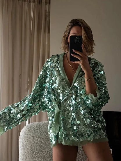 🍒Sequins bow tie jacket party long sleeve fashion short coat womens glitter party wear v-neck female long sleeve loose tops They Will SE'A Green When You Shimmer In This Winner